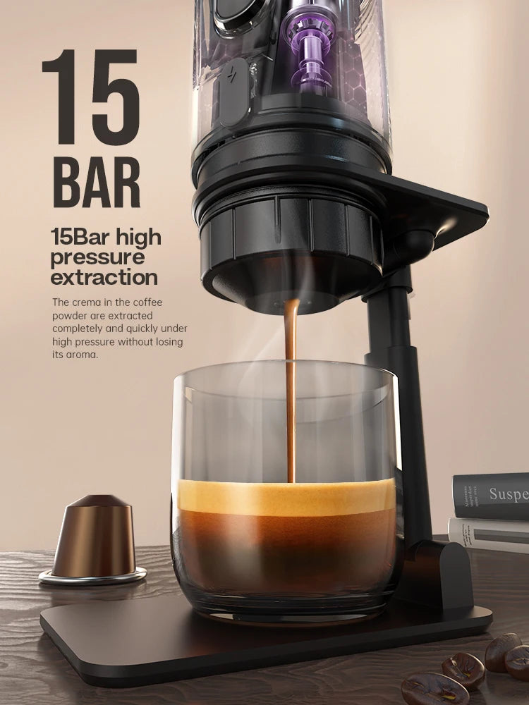 A coffee maker using 15 bar high-pressure extraction brews espresso into a glass. A coffee capsule and a book are next to the machine.